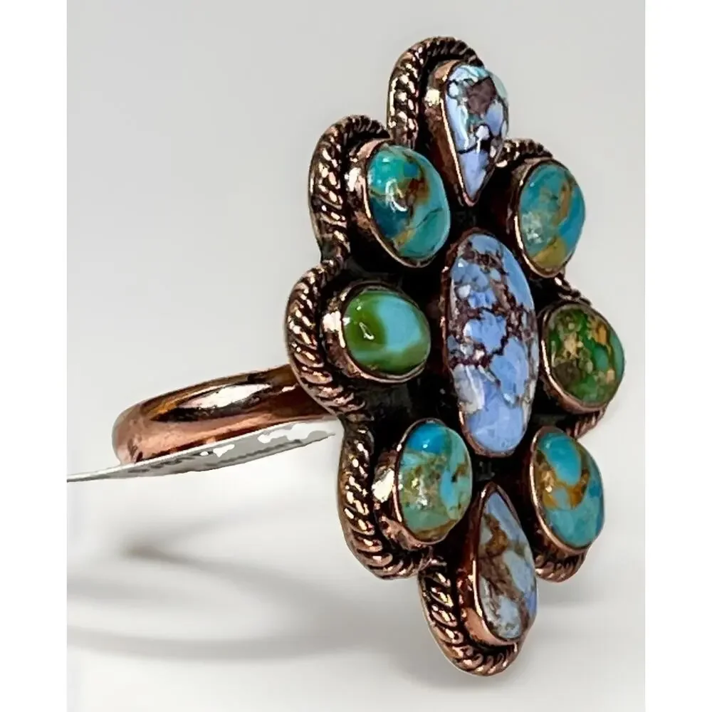 Golden Hills Mojave Sonoran Gold Turquoise Copper Cluster Statement Ring Adj Sz